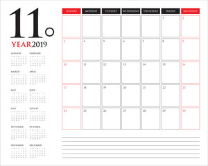 November 2019 desk calendar vector illustration
