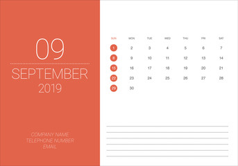 September 2019 desk calendar vector illustration