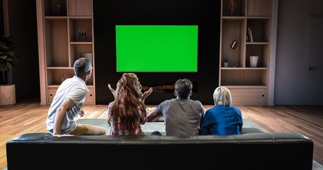 A group of students is watching a TV and celebrating some joyful sports moment, sitting on the...