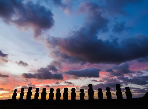 Moais in Ahu Tongariki at sunrise, Rapa Nui National Park, Easter Island, Chile