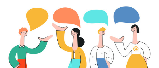 Vector illustration set of talking people with speech bubbles in flat style isolated on white background. Young men and women with hand gestures communicating with each other and discussing.