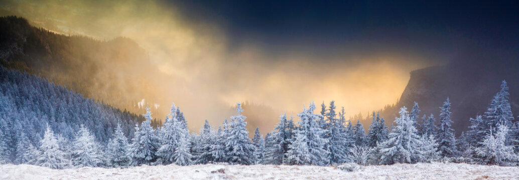Sunrise in Ceahlaul massif in winter