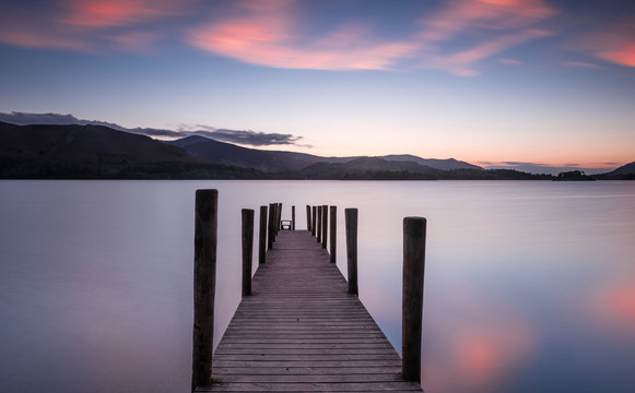 Ferry landing stage on Derwent water at sunset near Ashness Bridge in Borrowdale, in the English Lake District