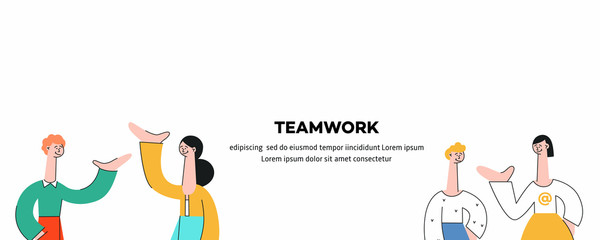 Vector stylized male, female colleagues discussing working process, business projects gesticulating with empty speech bubbles above heads holding devices poster. Women, men at meeting