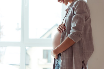 Cropped view of smiling pregnant woman with hands on belly standing by window