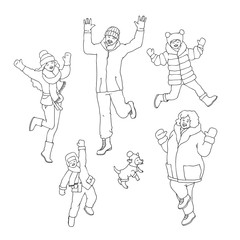 Vector sketch cheerful young, adult women, men, boy, girl kids and dog in warm winter or autumn clothing having fun laughing, jumping outdoors. Female, male character, positive emotions monochrome