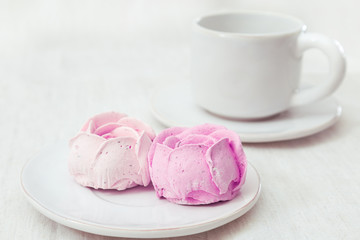 Sweet meringue with natural berries. Delicate delicious dessert. Light dessert. Selective focus.