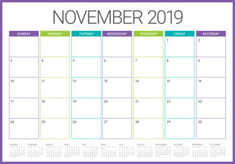 November 2019 desk calendar vector illustration