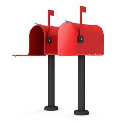 Mailbox with open door and raised flag. 3d render illustration isolated on white background.