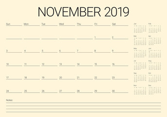 November 2019 desk calendar vector illustration