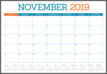 November 2019 desk calendar vector illustration