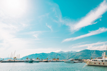 yachts in montenegro bay. mountains on background