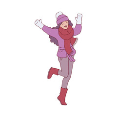Vector sketch cheerful young woman, teen girl in warm winter or autumn clothing - jacket or coat, scarf, hat and boots having fun laughing outdoors. Female character with positive emotions