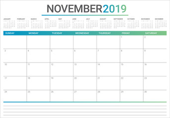 November 2019 desk calendar vector illustration