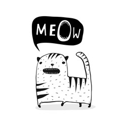 Meow Cat Outline Black and White