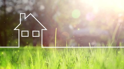 Artistic eco green home house drawing lines animation background. 