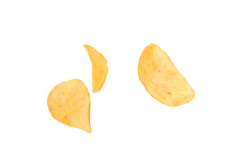 Tasty crispy potato chips on white background