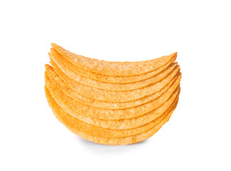 Tasty crispy potato chips on white background