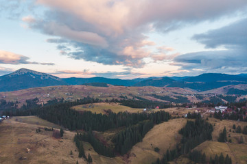 aerial view of carpathian mountains with overcast sky