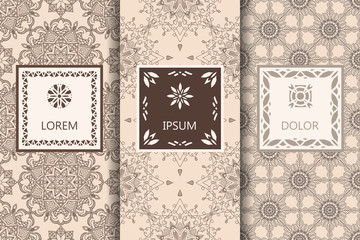 Set of beige and chocolate colors seamless patterns background. Vector illustration for elegant design. Abstract geometric East Ornament Pattern. Stylish decorative labels with emblem and frame.  - 239357926
