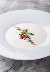 Semolina porridge with grated chocolate and pomegranate in plate over grey background. Healthy breakfast ingredients. Clean eating, vegan food concept