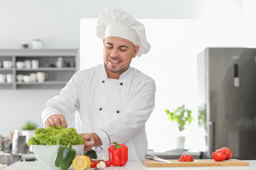 Male chef cooking tasty dish in kitchen
