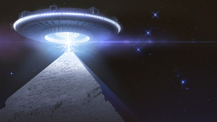 Flying sucer flying over a pyramid and connecting with a energy ray - 3D rendering © danielegay