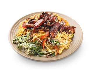 Plate with tasty chinese noodles on white background