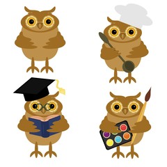 four nice owls on white background 