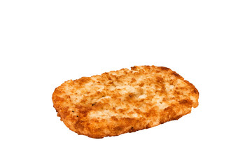 Close up on a crispy hash brown isolated on a white background. Breakfast concept.