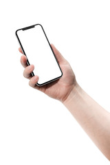 Woman holding smartphone with blank screen.