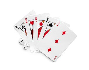 Cards with dices for poker game on white background