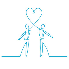 Two men holding heart continuous one line vector drawing