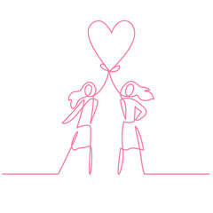 Two women holding heart continuous one line vector drawing
