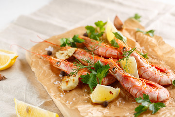 Grilled shrimps with spice, garlic and lemon. Grilled seafood. closeup