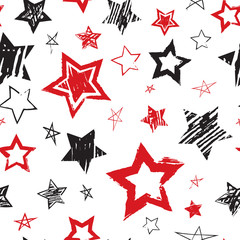 Abstract seamless grunge urban pattern with hand drawn red and black stars on white background. Grungy repeating backdrop for kids, sport textile, clothes, bed linen, wrapping paper.  Stock Vector