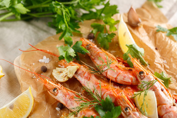 Grilled shrimps with spice, garlic and lemon. Grilled seafood. closeup