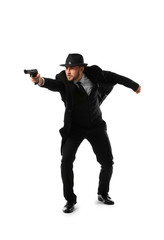 Detective with gun on white background