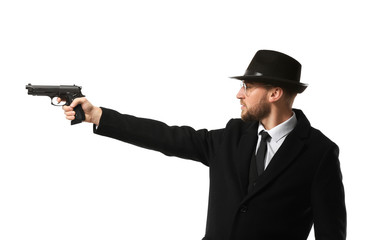 Detective with gun on white background