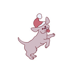 Vector funny puppy sticking out tongue having fun walking outdoors in winter in cute warm clothing with pompon on head. Hand drawn pet animal at christmas, new year holidays