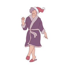 Vector sketch cheerful elderly woman in cozy leisure wear, bathrobe home clothes having fun dancing in christmas santa hat. Female character with positive emotions and xmas holiday celebration