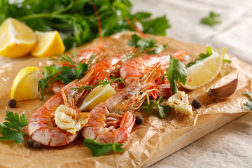 Grilled shrimps with spice, garlic and lemon. Grilled seafood.