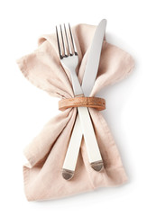 Cutlery for festive table setting on white background