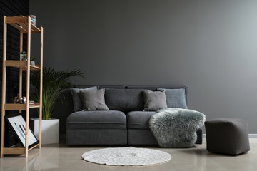 Interior of beautiful modern room with comfortable sofa