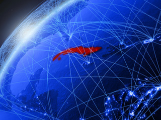 Cuba on model of green planet Earth with international networks. Concept of blue digital communication and technology.