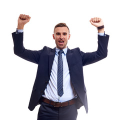Vertical portrait of happy screaming employer triumphing with raised fists against white background