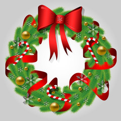 Christmas wreath of fir branches with a bow, golden balls, red ribbon, candies and snowflakes. New Year card