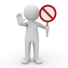 3d man showing stop gesture and holding no sign isolated over white background with shadow 3D rendering