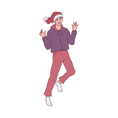 Vector illustration of young man in warm home clothes and red Santa Claus hat jumping and dancing with joyful in sketch style - isolated hand drawn boy celebrating Christmas and New Year.