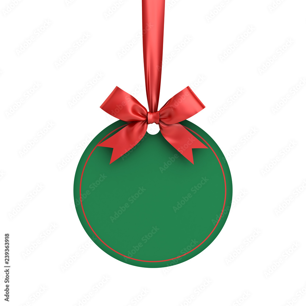 Aufkleber blank green paper round christmas ball frame tag label card template hanging with shiny red ribbon a
